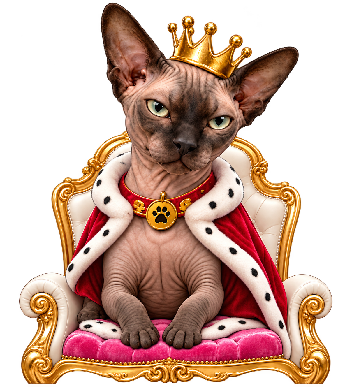 Akito the hairless cat wearing a gold crown on a throne